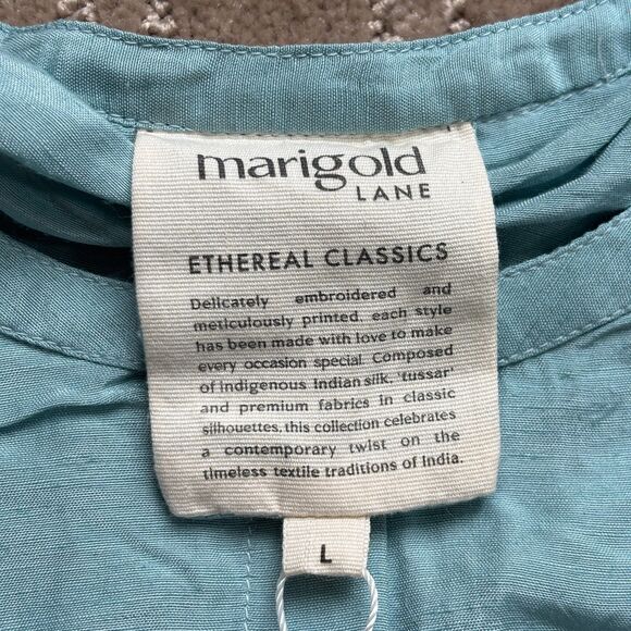 Marigold Lane Solid Round Neck Top Linen Blend Women's L Blue Casual India NWT - Picture 3 of 9